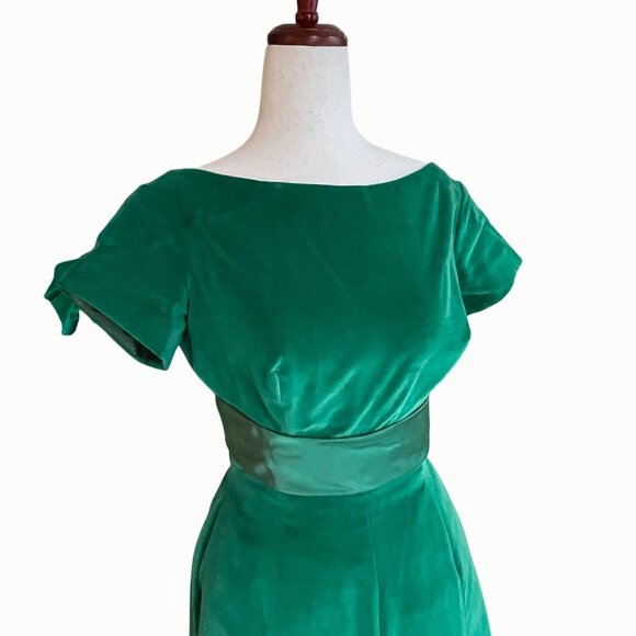 Vtg 1950s Kay Selig Emerald Green Velvet Evening Tea Length Dress Satin Bow Back - Picture 3 of 14